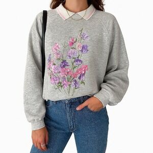 Vintage Hanes Floral Sweatshirt Collared Pullover Gray Pink Purple Flowers Large
